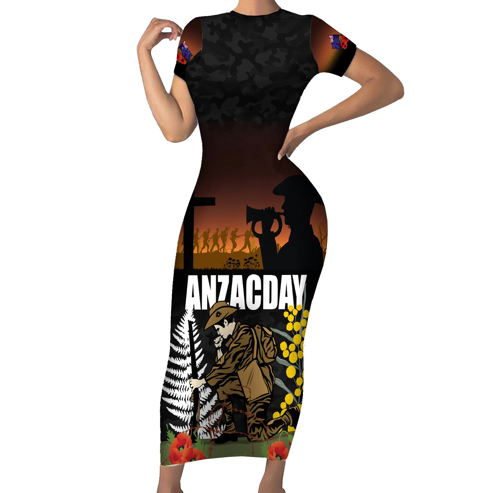 New Zealand and Australia ANZAC Day Short Sleeve Bodycon Dress Soldier and Last Post Camouflage Pattern LT03 Long Dress Black - Polynesian Pride
