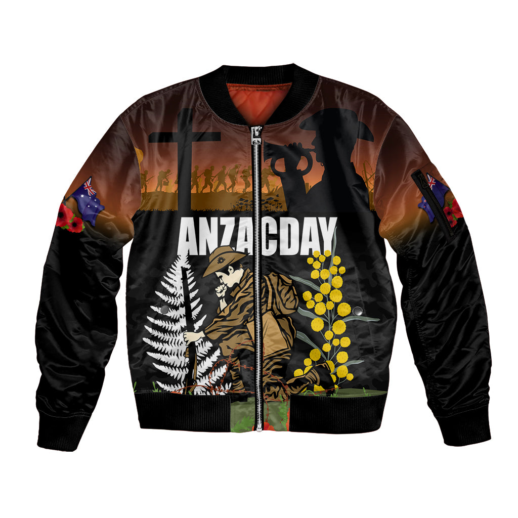 New Zealand and Australia ANZAC Day Sleeve Zip Bomber Jacket Soldier and Last Post Camouflage Pattern LT03 Unisex Black - Polynesian Pride