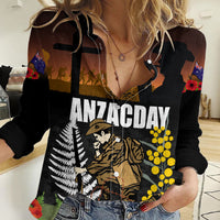 New Zealand and Australia ANZAC Day Women Casual Shirt Soldier and Last Post Camouflage Pattern LT03 Female Black - Polynesian Pride