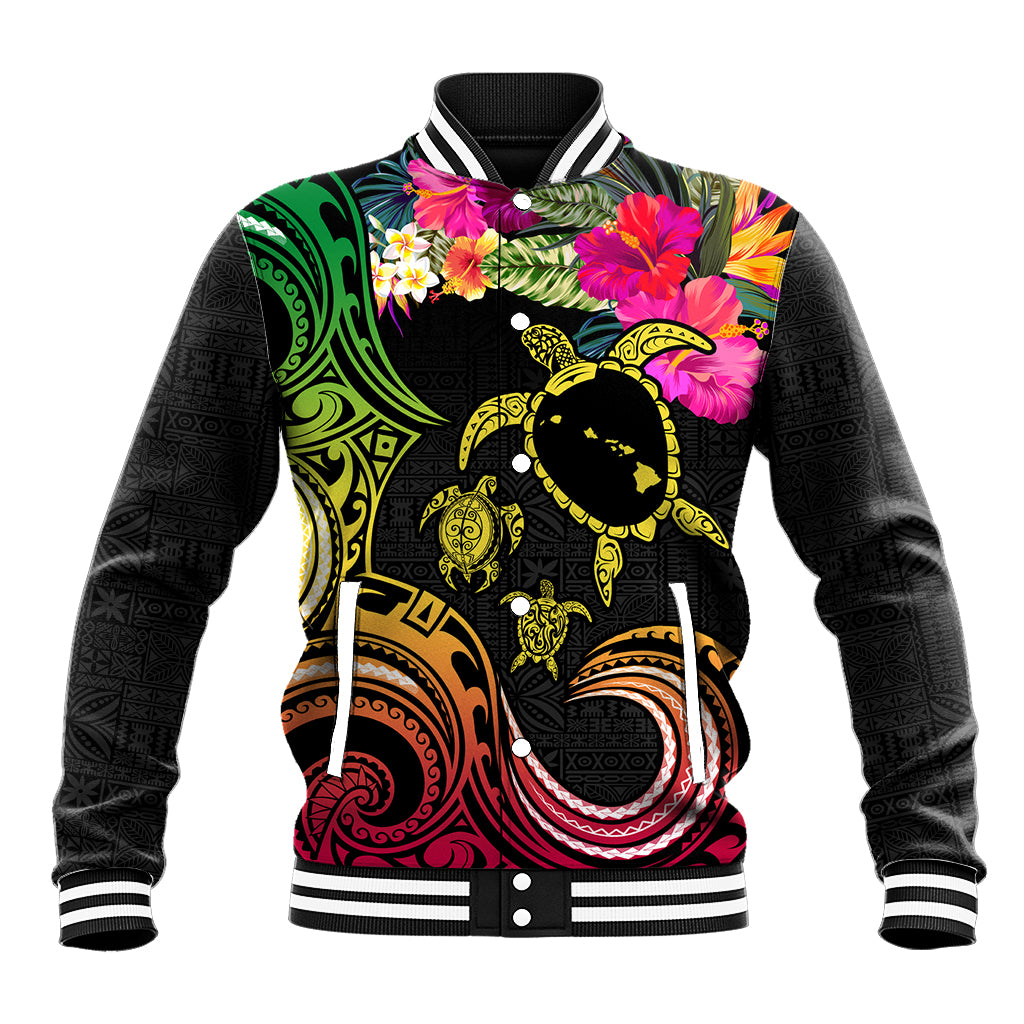 Hawaii Turtle Day Baseball Jacket Polynesian Tattoo and Hibiscus Flowers