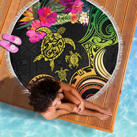 Hawaii Turtle Day Beach Blanket Polynesian Tattoo and Hibiscus Flowers
