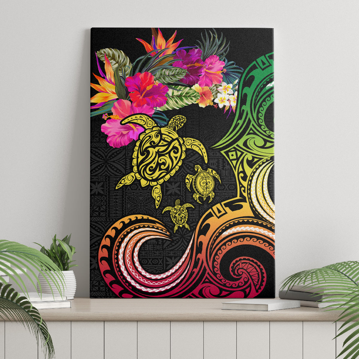 Hawaii Turtle Day Canvas Wall Art Polynesian Tattoo and Hibiscus Flowers