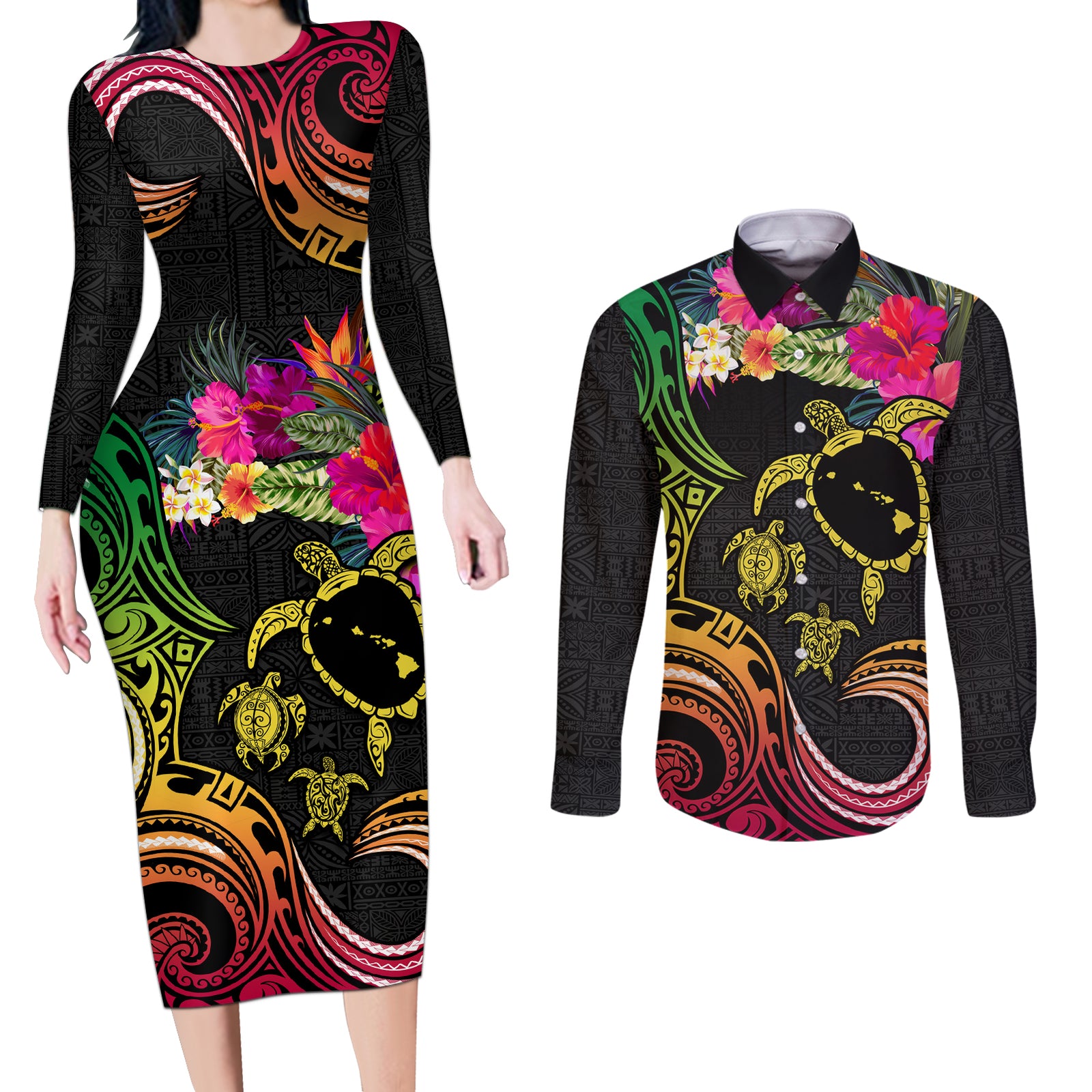 Hawaii Turtle Day Couples Matching Long Sleeve Bodycon Dress and Long Sleeve Button Shirt Polynesian Tattoo and Hibiscus Flowers
