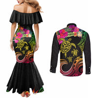 Hawaii Turtle Day Couples Matching Mermaid Dress and Long Sleeve Button Shirt Polynesian Tattoo and Hibiscus Flowers