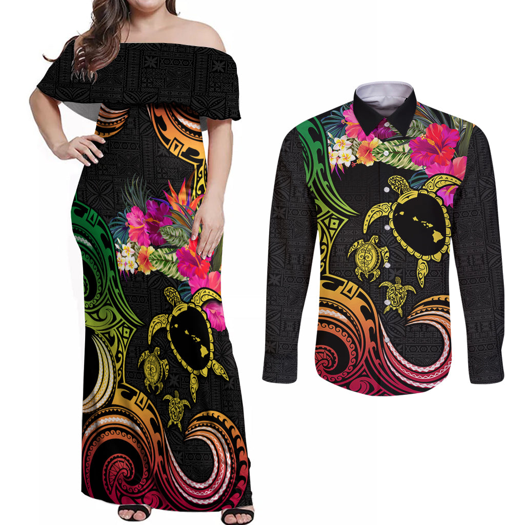 Hawaii Turtle Day Couples Matching Off Shoulder Maxi Dress and Long Sleeve Button Shirt Polynesian Tattoo and Hibiscus Flowers
