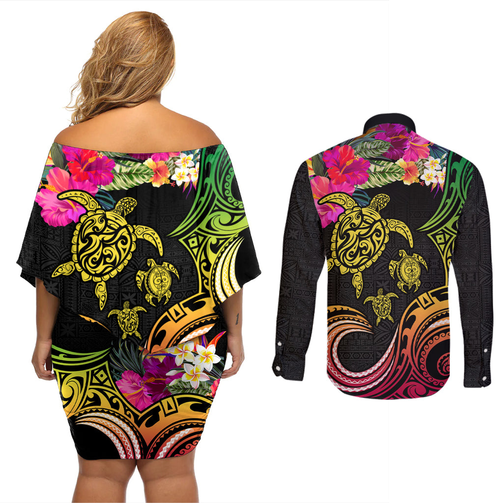 Hawaii Turtle Day Couples Matching Off Shoulder Short Dress and Long Sleeve Button Shirt Polynesian Tattoo and Hibiscus Flowers