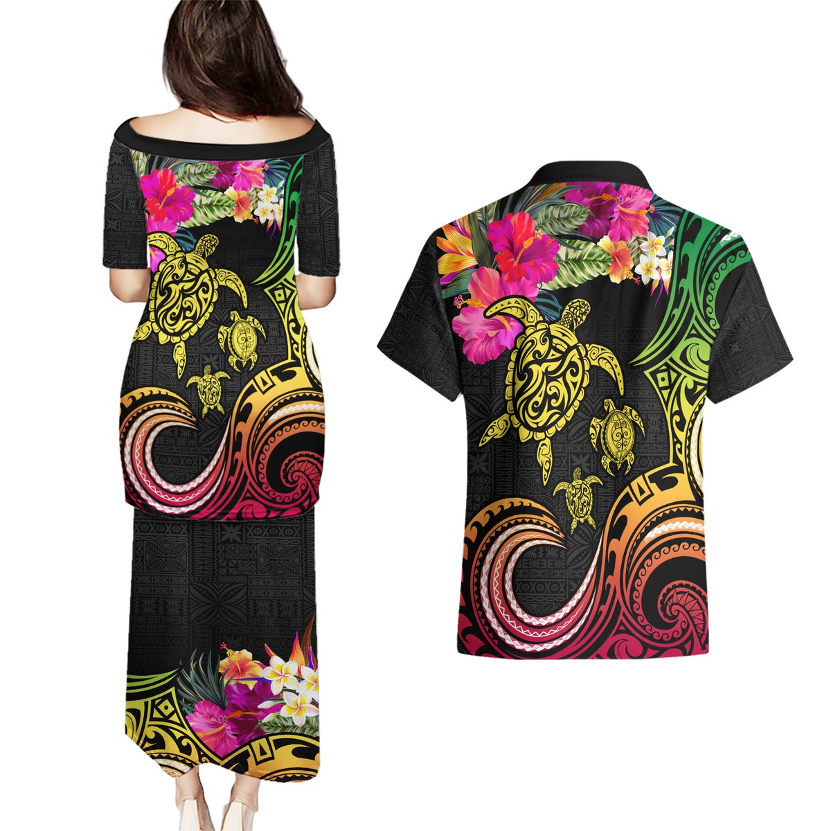 Hawaii Turtle Day Couples Matching Puletasi and Hawaiian Shirt Polynesian Tattoo and Hibiscus Flowers