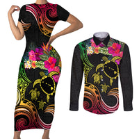 Hawaii Turtle Day Couples Matching Short Sleeve Bodycon Dress and Long Sleeve Button Shirt Polynesian Tattoo and Hibiscus Flowers