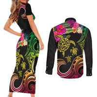 Hawaii Turtle Day Couples Matching Short Sleeve Bodycon Dress and Long Sleeve Button Shirt Polynesian Tattoo and Hibiscus Flowers