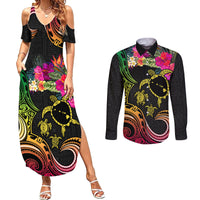 Hawaii Turtle Day Couples Matching Summer Maxi Dress and Long Sleeve Button Shirt Polynesian Tattoo and Hibiscus Flowers