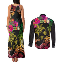 Hawaii Turtle Day Couples Matching Tank Maxi Dress and Long Sleeve Button Shirt Polynesian Tattoo and Hibiscus Flowers