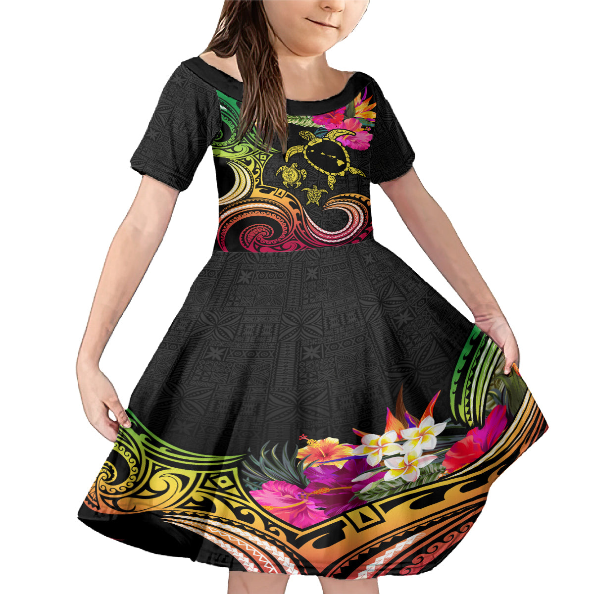 Hawaii Turtle Day Family Matching Mermaid Dress and Hawaiian Shirt Polynesian Tattoo and Hibiscus Flowers