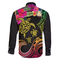 Hawaii Turtle Day Family Matching Off Shoulder Short Dress and Hawaiian Shirt Polynesian Tattoo and Hibiscus Flowers