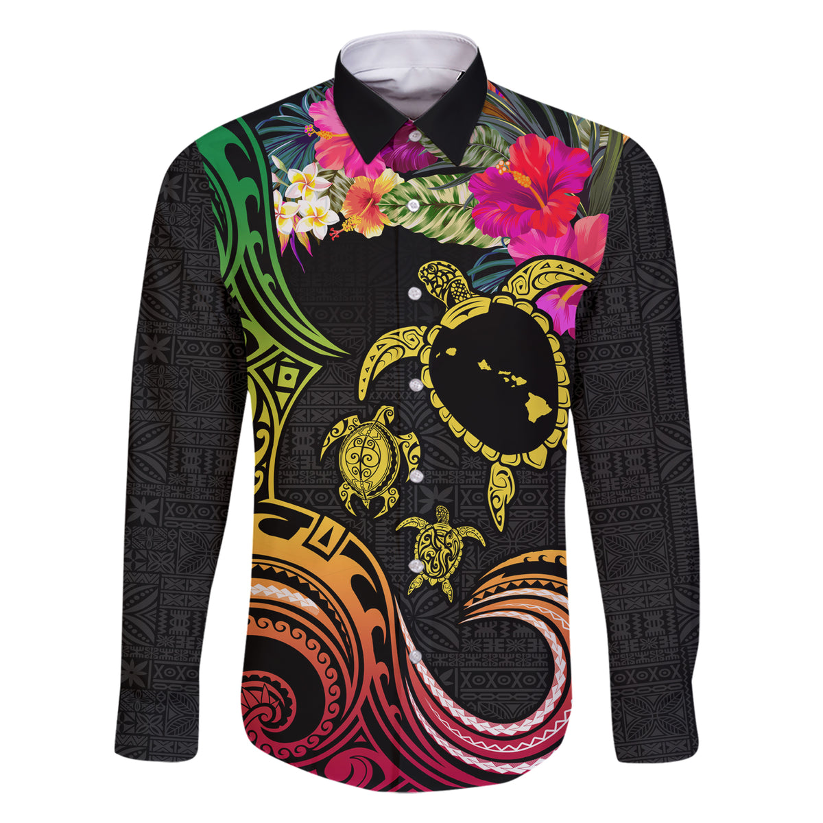 Hawaii Turtle Day Family Matching Short Sleeve Bodycon Dress and Hawaiian Shirt Polynesian Tattoo and Hibiscus Flowers