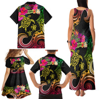 Hawaii Turtle Day Family Matching Tank Maxi Dress and Hawaiian Shirt Polynesian Tattoo and Hibiscus Flowers