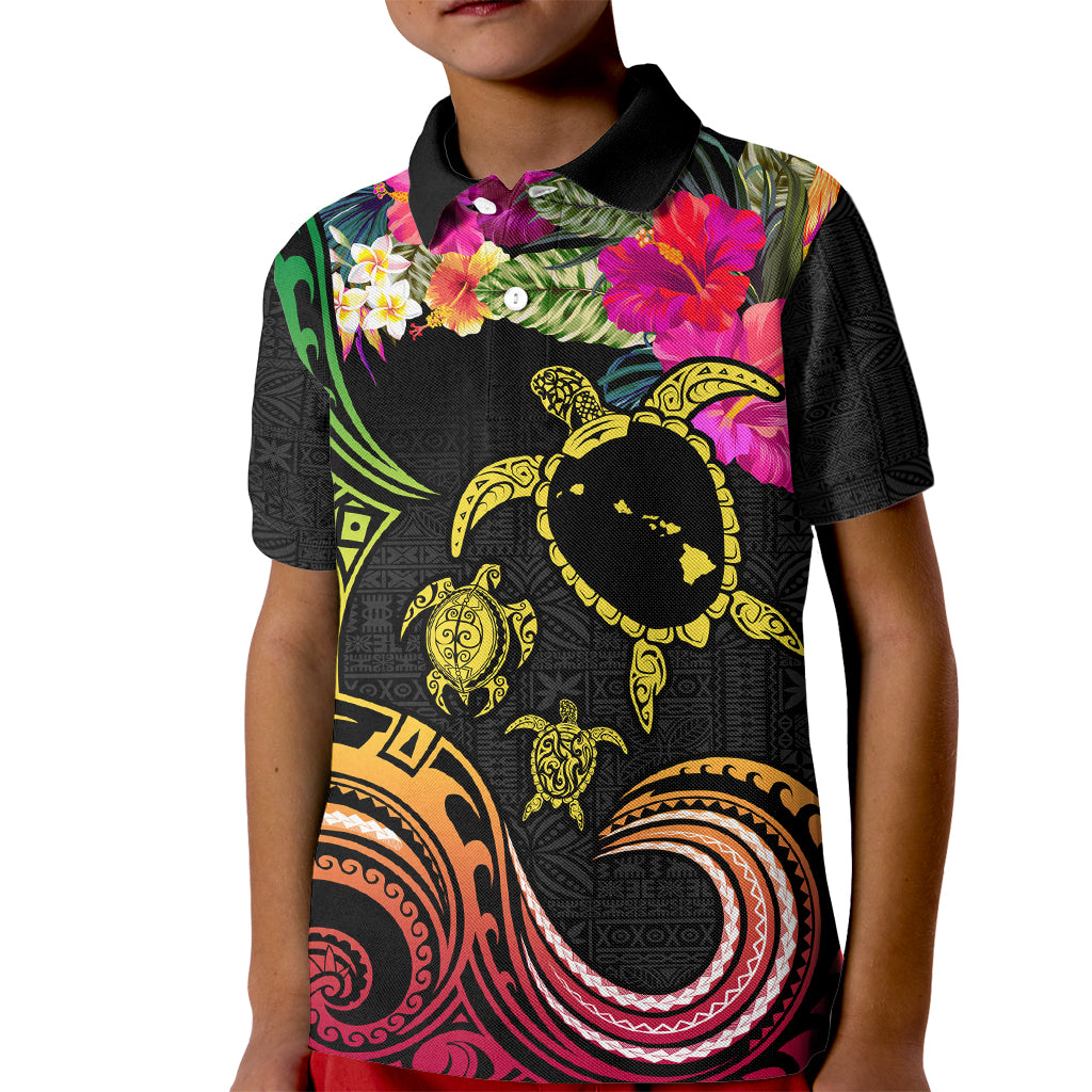 Hawaii Turtle Day Kid Polo Shirt Polynesian Tattoo and Hibiscus Flowers