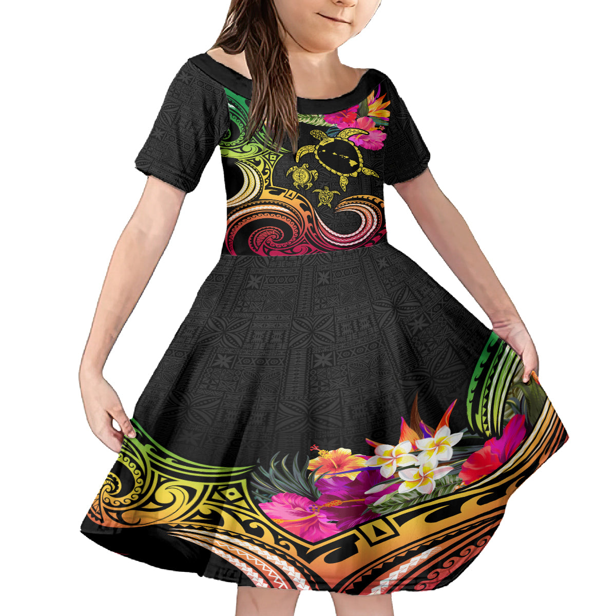 Hawaii Turtle Day Kid Short Sleeve Dress Polynesian Tattoo and Hibiscus Flowers