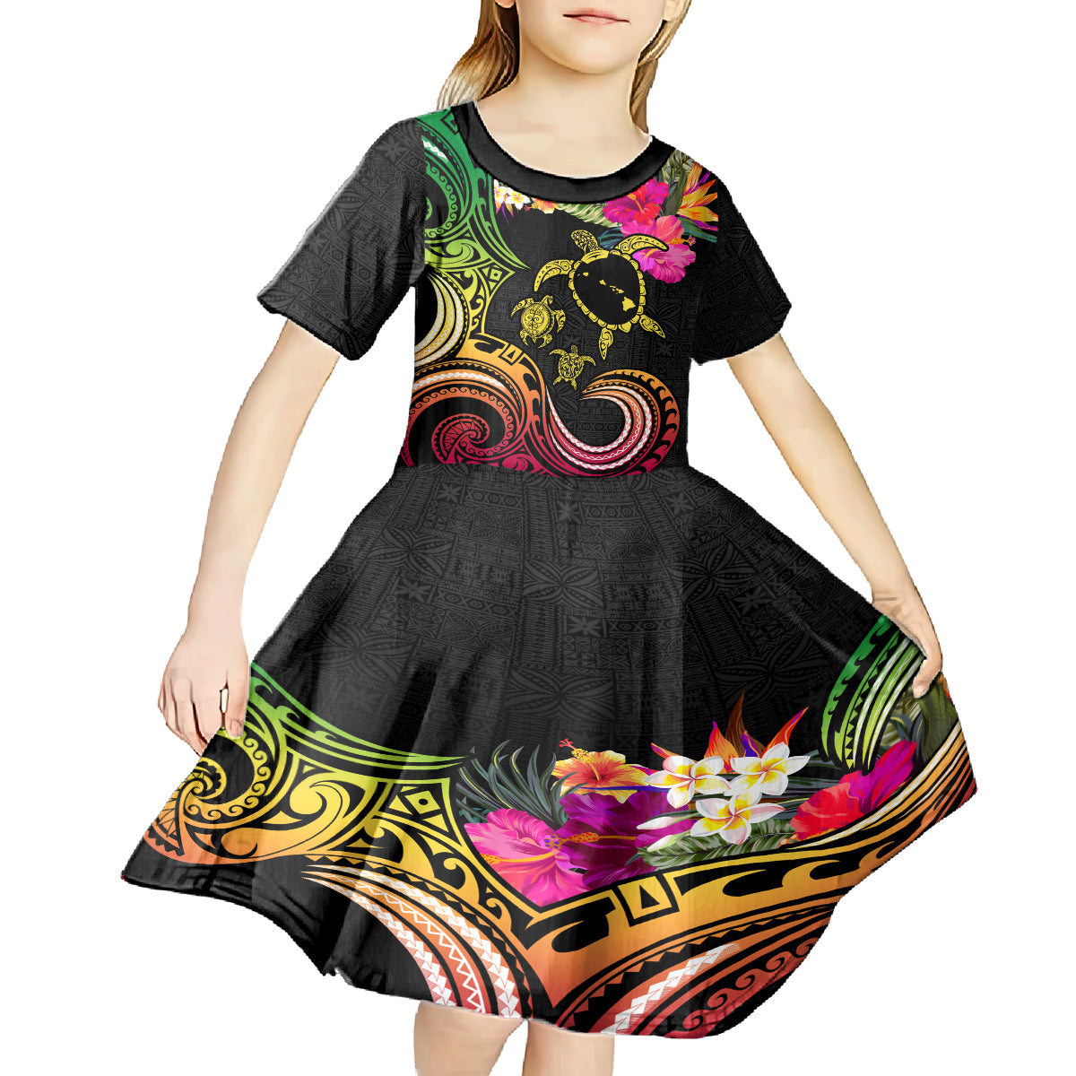 Hawaii Turtle Day Kid Short Sleeve Dress Polynesian Tattoo and Hibiscus Flowers