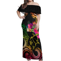 Hawaii Turtle Day Off Shoulder Maxi Dress Polynesian Tattoo and Hibiscus Flowers