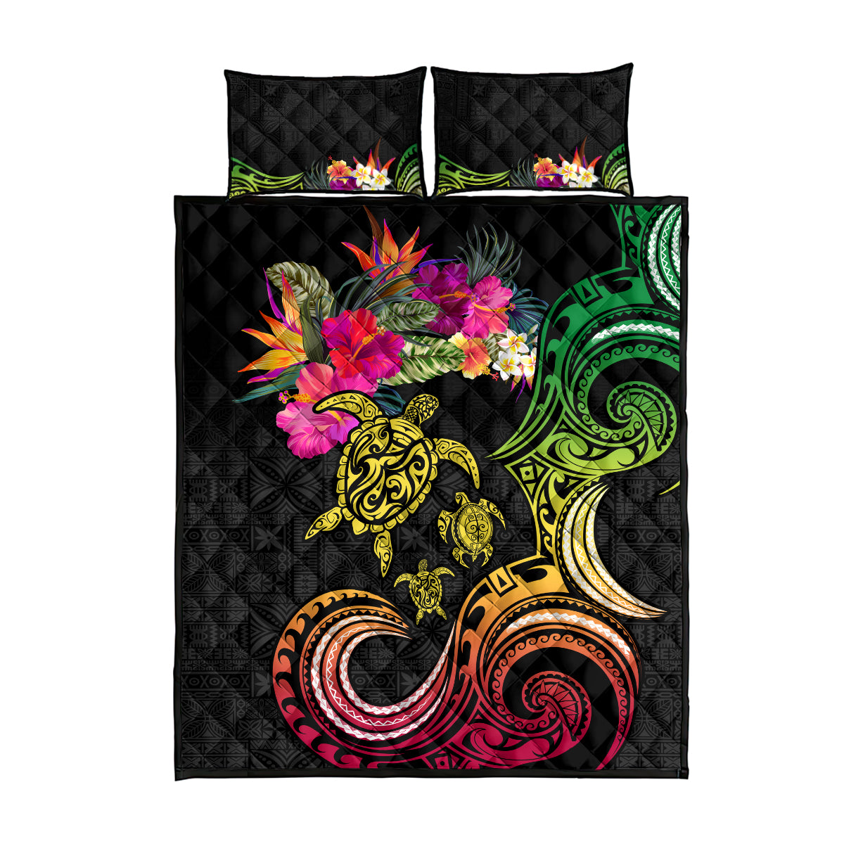 Hawaii Turtle Day Quilt Bed Set Polynesian Tattoo and Hibiscus Flowers