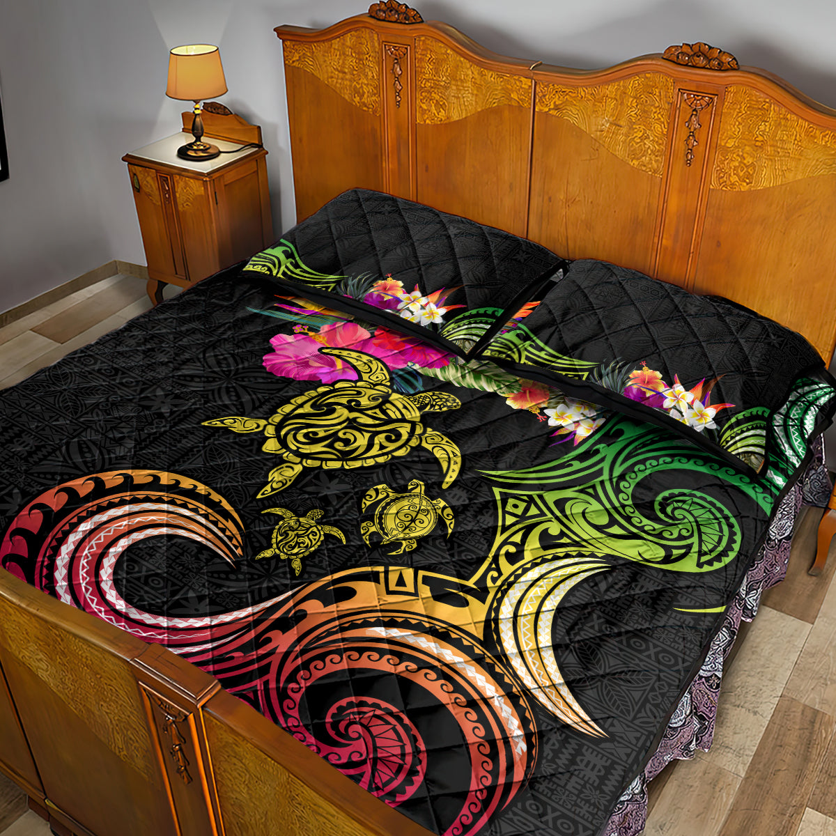 Hawaii Turtle Day Quilt Bed Set Polynesian Tattoo and Hibiscus Flowers
