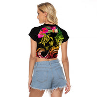 Hawaii Turtle Day Raglan Cropped T Shirt Polynesian Tattoo and Hibiscus Flowers
