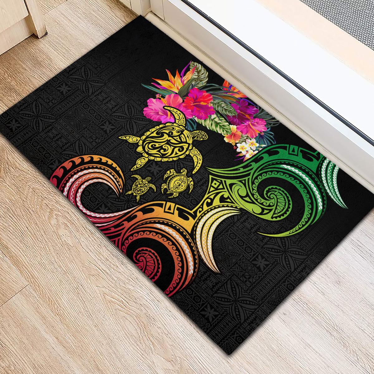 Hawaii Turtle Day Rubber Doormat Polynesian Tattoo and Hibiscus Flowers
