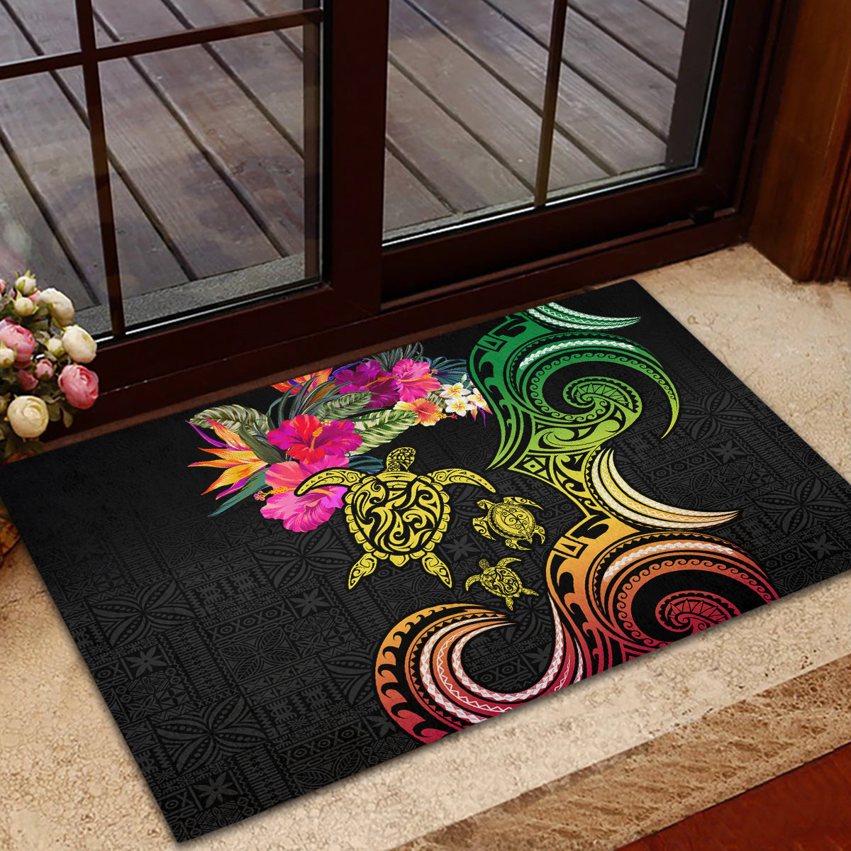 Hawaii Turtle Day Rubber Doormat Polynesian Tattoo and Hibiscus Flowers