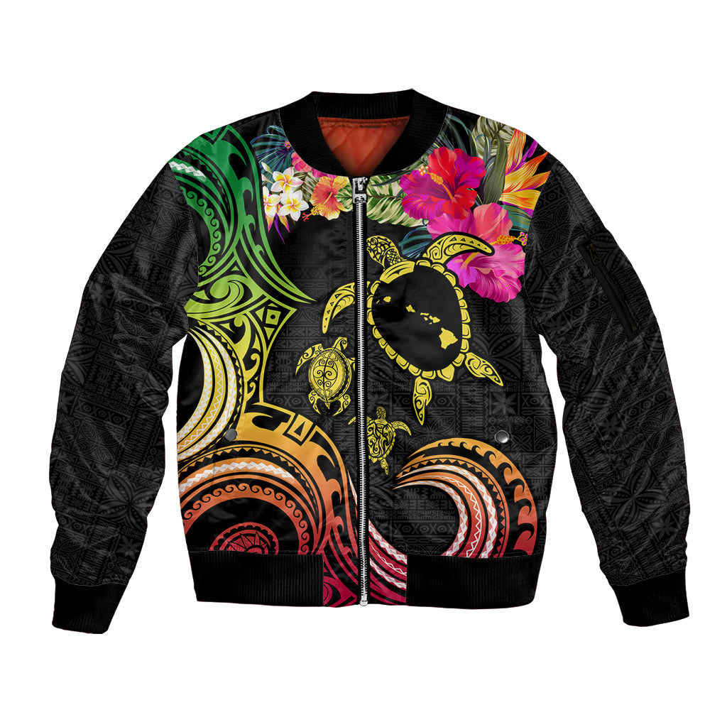 Hawaii Turtle Day Sleeve Zip Bomber Jacket Polynesian Tattoo and Hibiscus Flowers