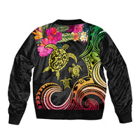 Hawaii Turtle Day Sleeve Zip Bomber Jacket Polynesian Tattoo and Hibiscus Flowers