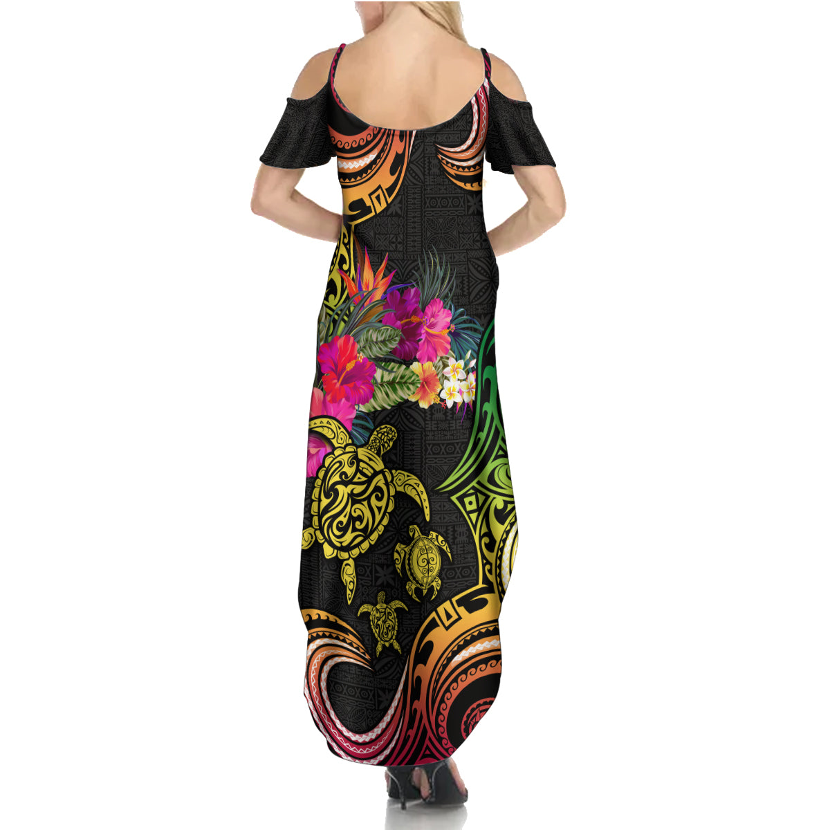 Hawaii Turtle Day Summer Maxi Dress Polynesian Tattoo and Hibiscus Flowers