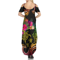 Hawaii Turtle Day Summer Maxi Dress Polynesian Tattoo and Hibiscus Flowers