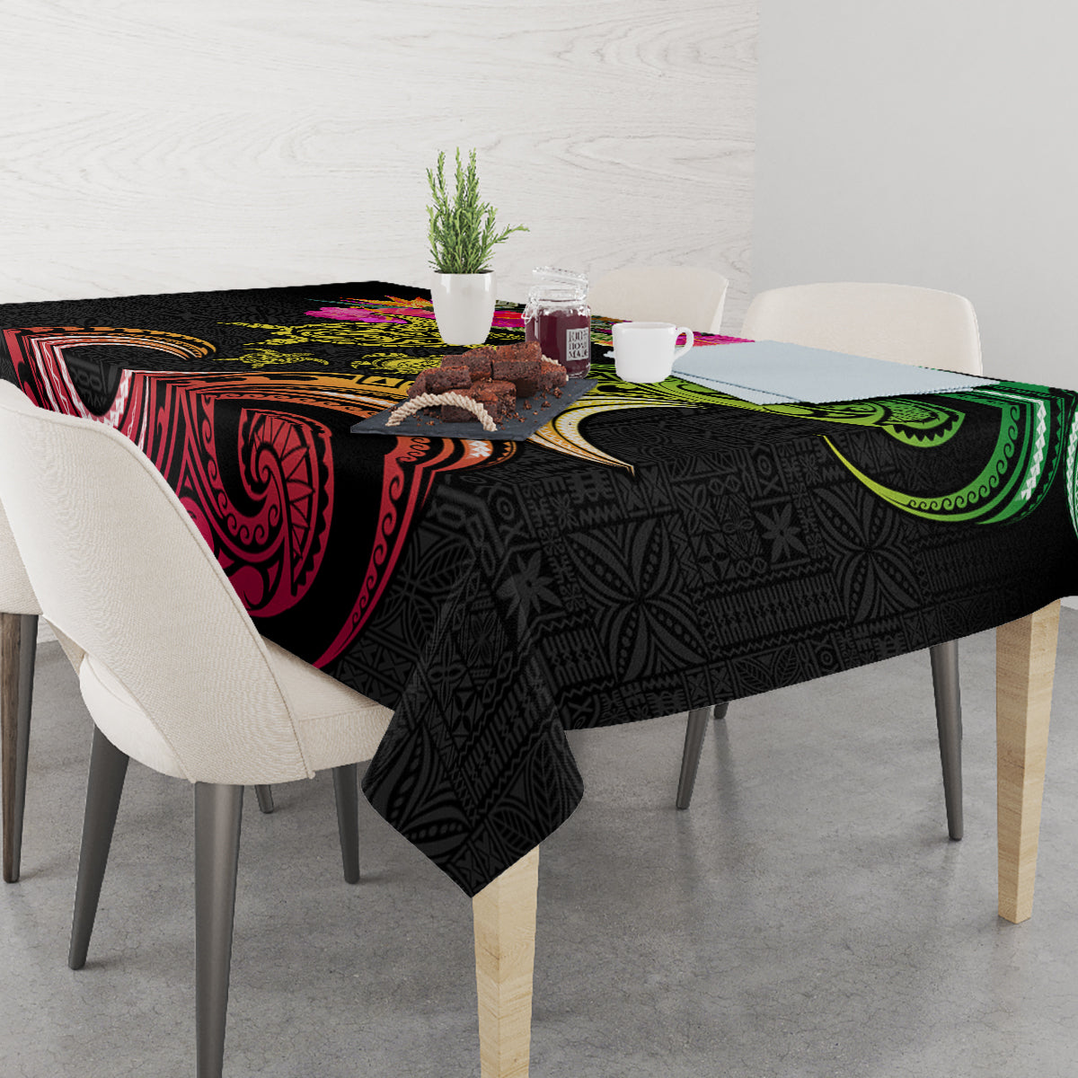 Hawaii Turtle Day Tablecloth Polynesian Tattoo and Hibiscus Flowers