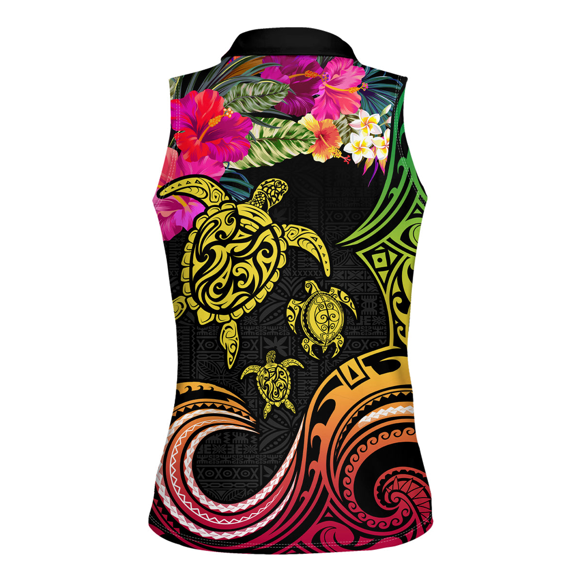 Hawaii Turtle Day Women Sleeveless Polo Shirt Polynesian Tattoo and Hibiscus Flowers