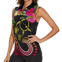 Hawaii Turtle Day Women Sleeveless Polo Shirt Polynesian Tattoo and Hibiscus Flowers