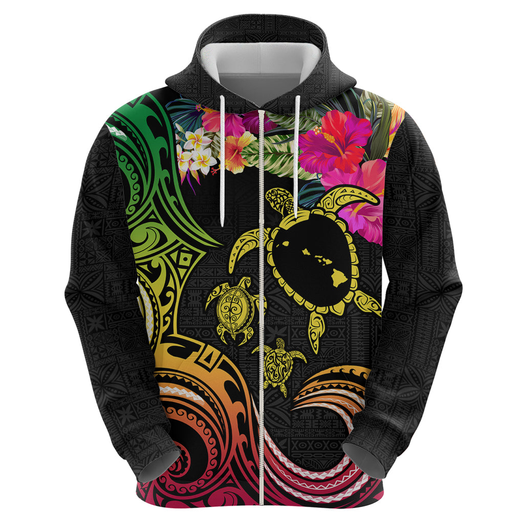 Hawaii Turtle Day Zip Hoodie Polynesian Tattoo and Hibiscus Flowers