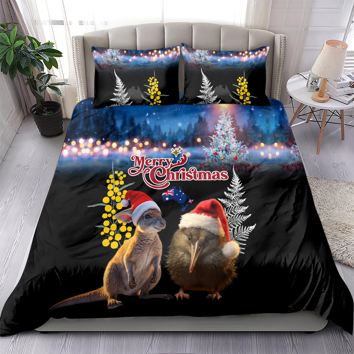 New Zealand and Australia Merry Christmas Bedding Set Kiwi Bird and Kangaroo Xmas Vibe