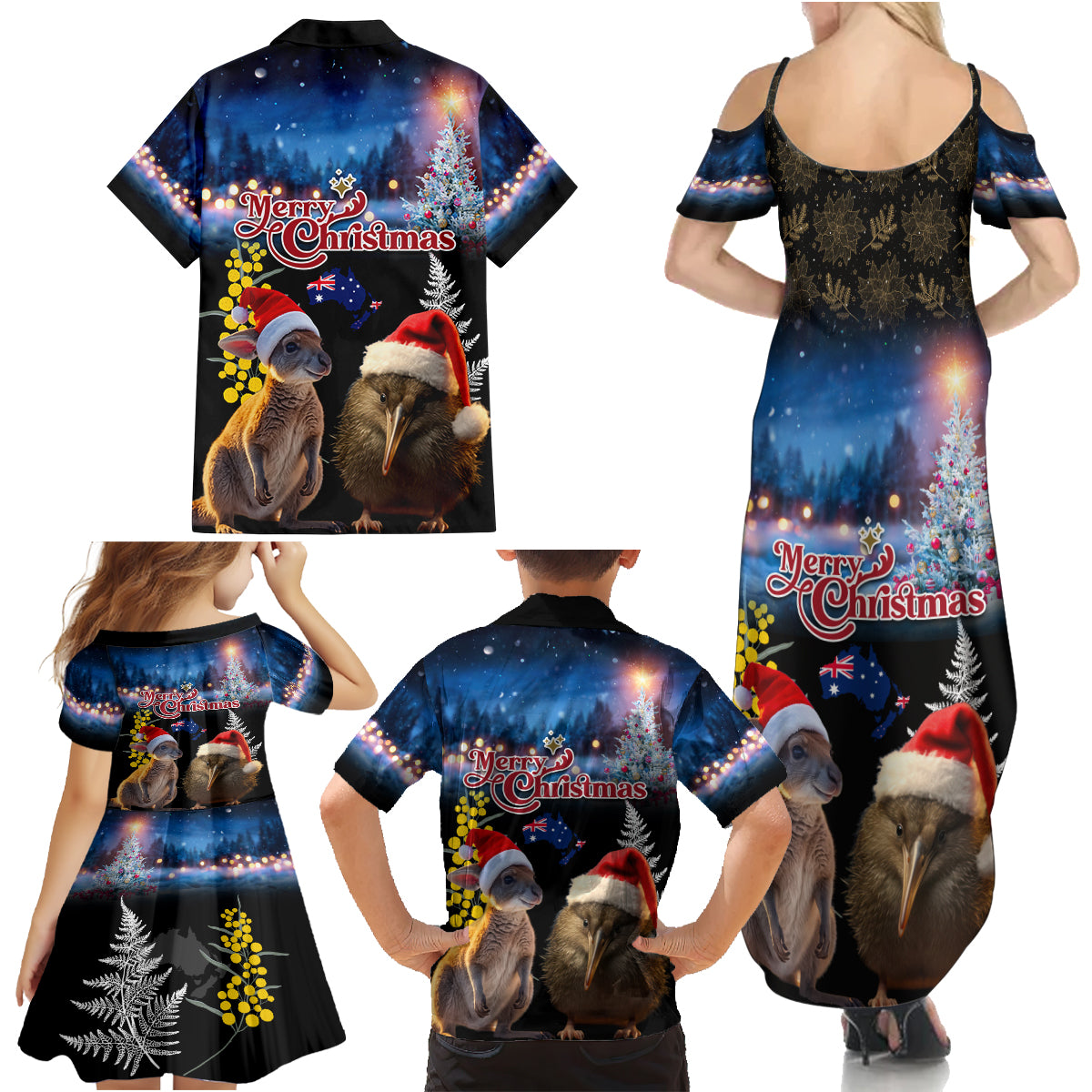 New Zealand and Australia Merry Christmas Family Matching Summer Maxi Dress and Hawaiian Shirt Kiwi Bird and Kangaroo Xmas Vibe