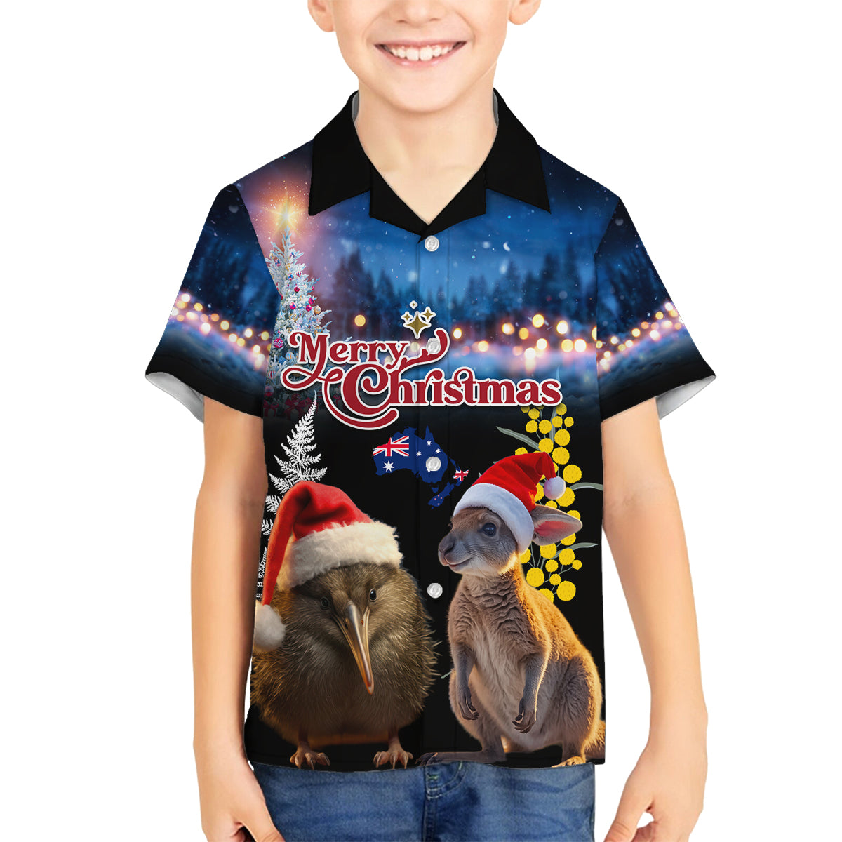 New Zealand and Australia Merry Christmas Family Matching Summer Maxi Dress and Hawaiian Shirt Kiwi Bird and Kangaroo Xmas Vibe