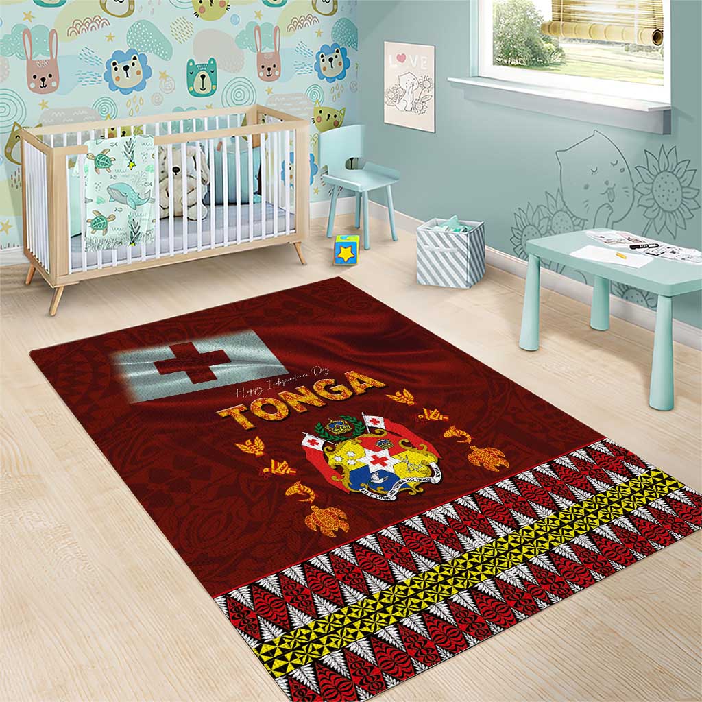 Tonga Independence Day Area Rug National Flag and Emblem with Ngatu Art Pattern
