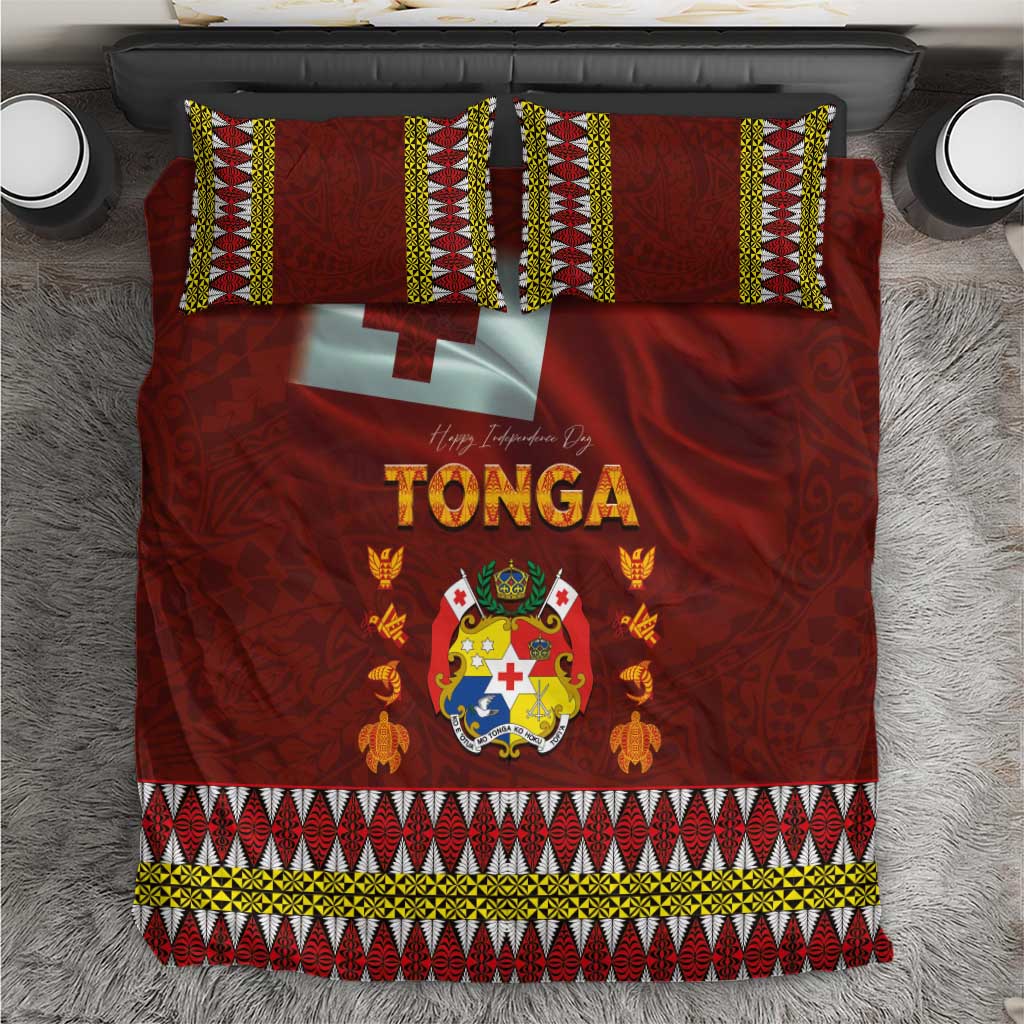 Tonga Independence Day Bedding Set National Flag and Emblem with Ngatu Art Pattern