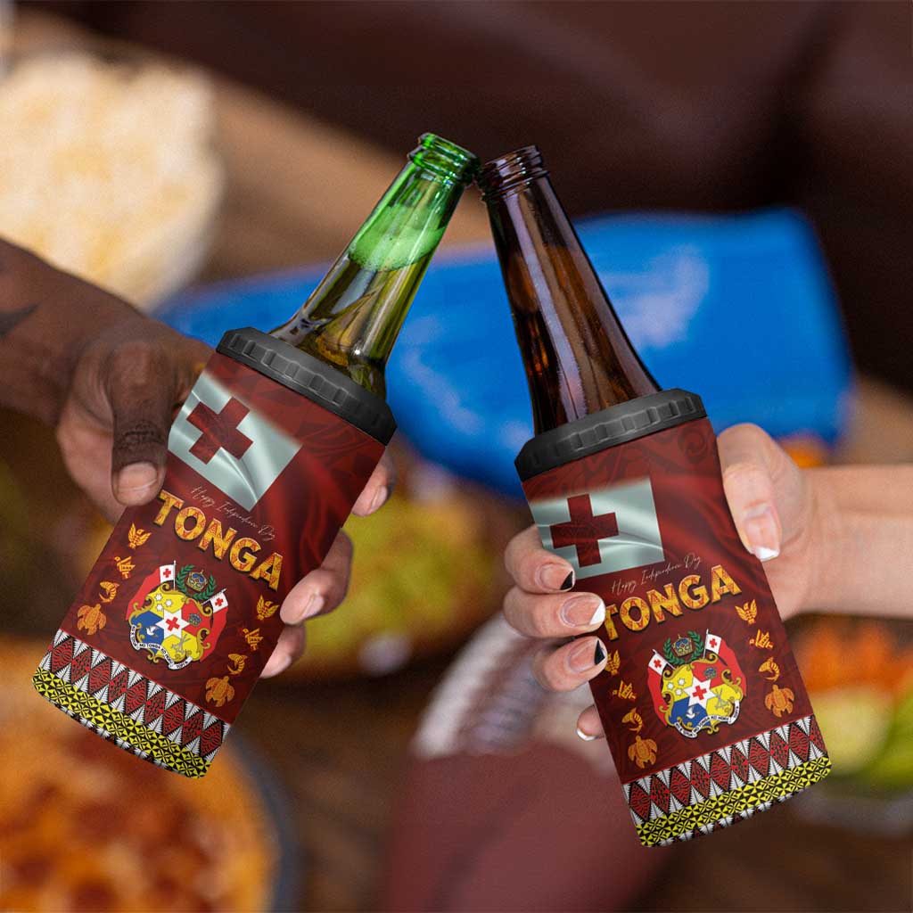 Tonga Independence Day 4 in 1 Can Cooler Tumbler National Flag and Emblem with Ngatu Art Pattern