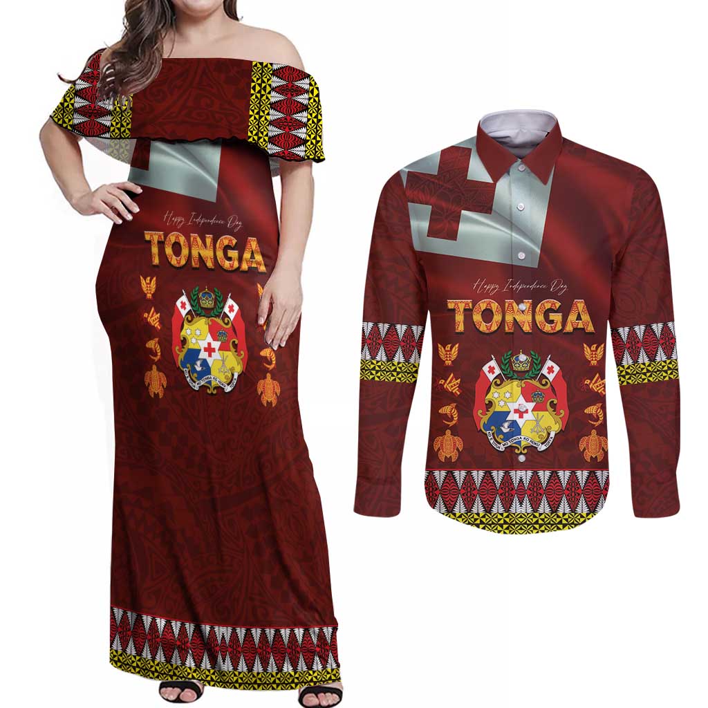 Tonga Independence Day Couples Matching Off Shoulder Maxi Dress and Long Sleeve Button Shirt National Flag and Emblem with Ngatu Art Pattern
