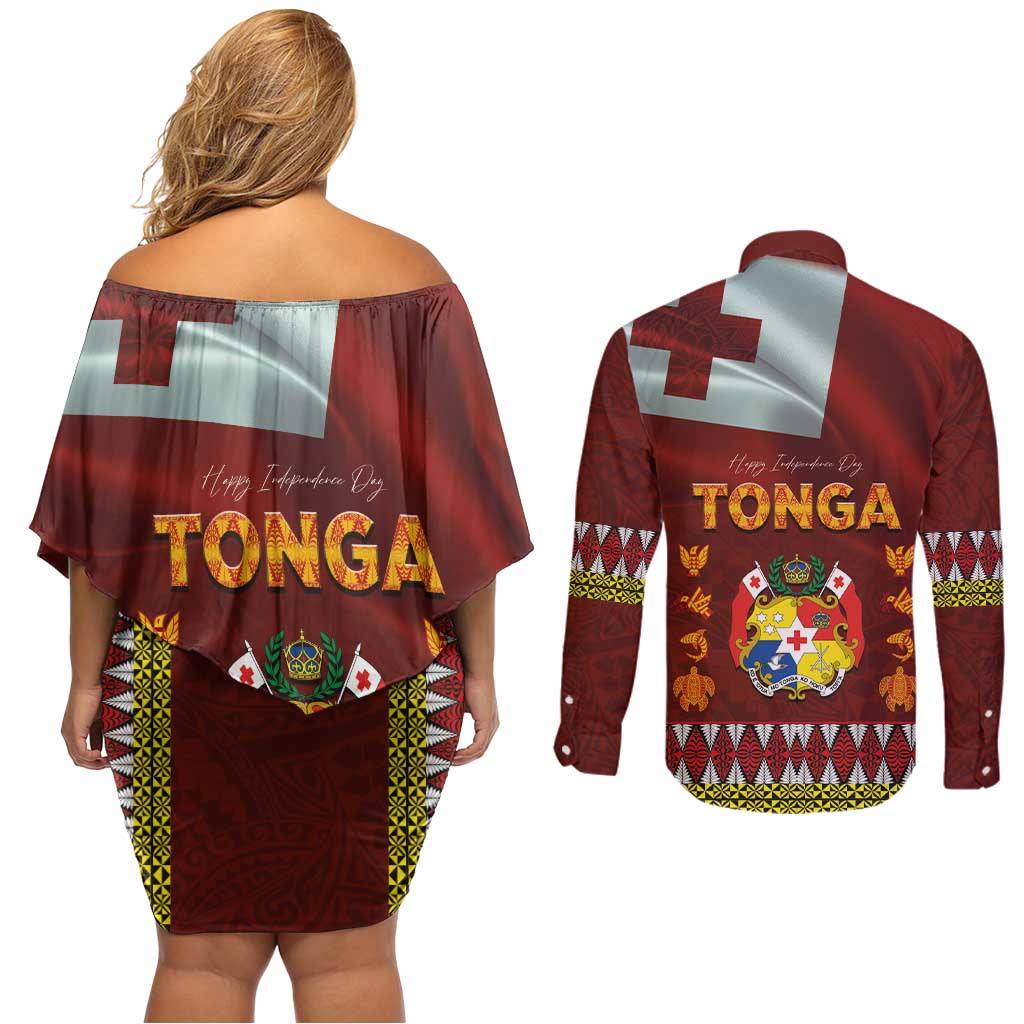Tonga Independence Day Couples Matching Off Shoulder Short Dress and Long Sleeve Button Shirt National Flag and Emblem with Ngatu Art Pattern