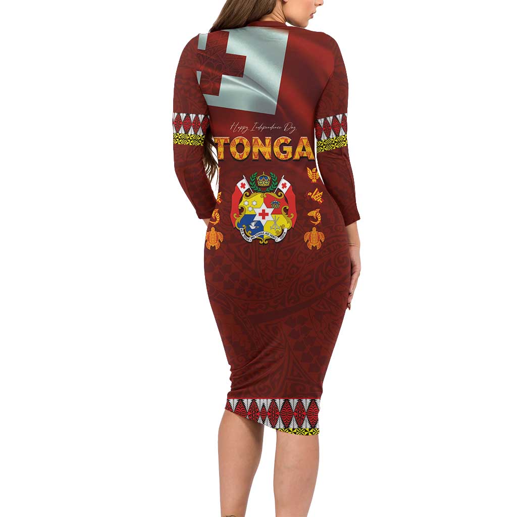 Tonga Independence Day Family Matching Long Sleeve Bodycon Dress and Hawaiian Shirt National Flag and Emblem with Ngatu Art Pattern