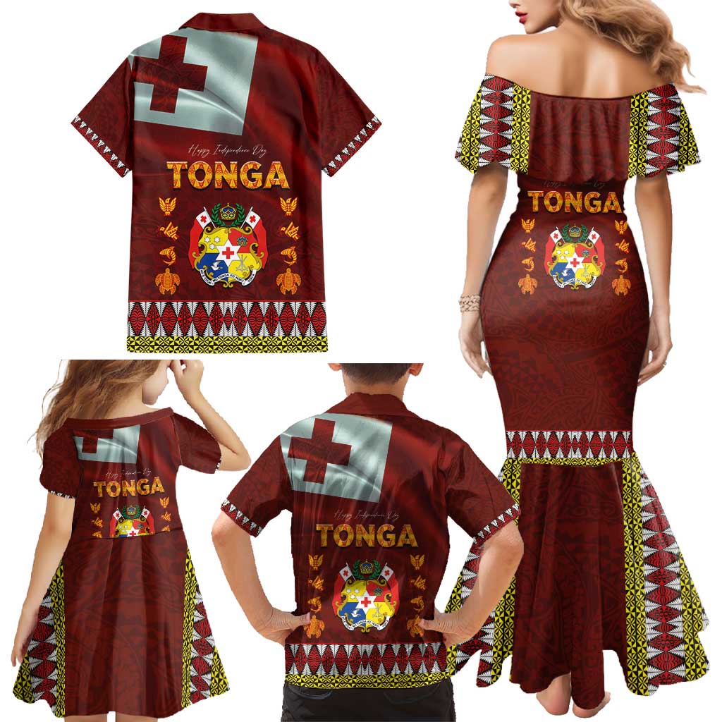 Tonga Independence Day Family Matching Mermaid Dress and Hawaiian Shirt National Flag and Emblem with Ngatu Art Pattern