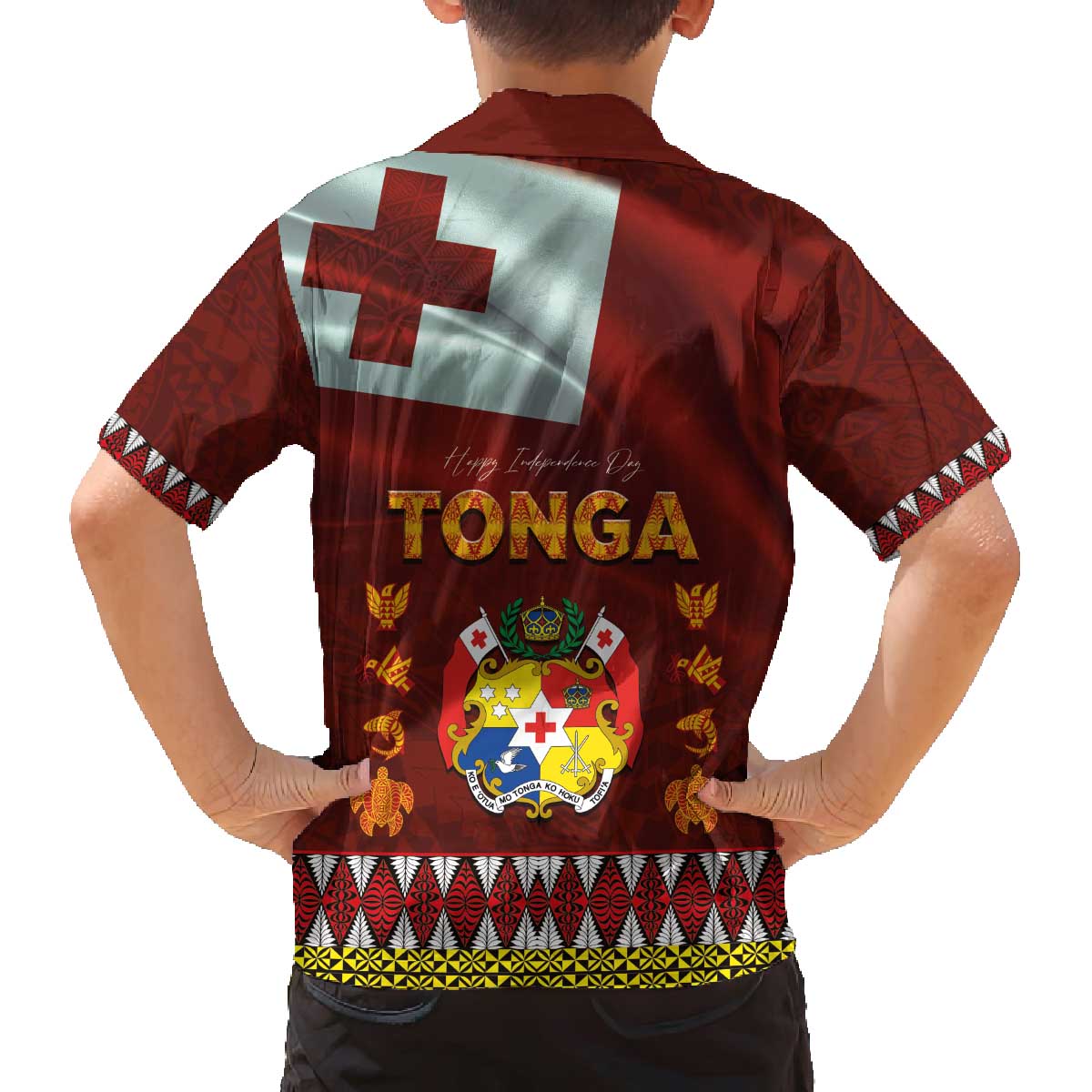 Tonga Independence Day Family Matching Off The Shoulder Long Sleeve Dress and Hawaiian Shirt National Flag and Emblem with Ngatu Art Pattern
