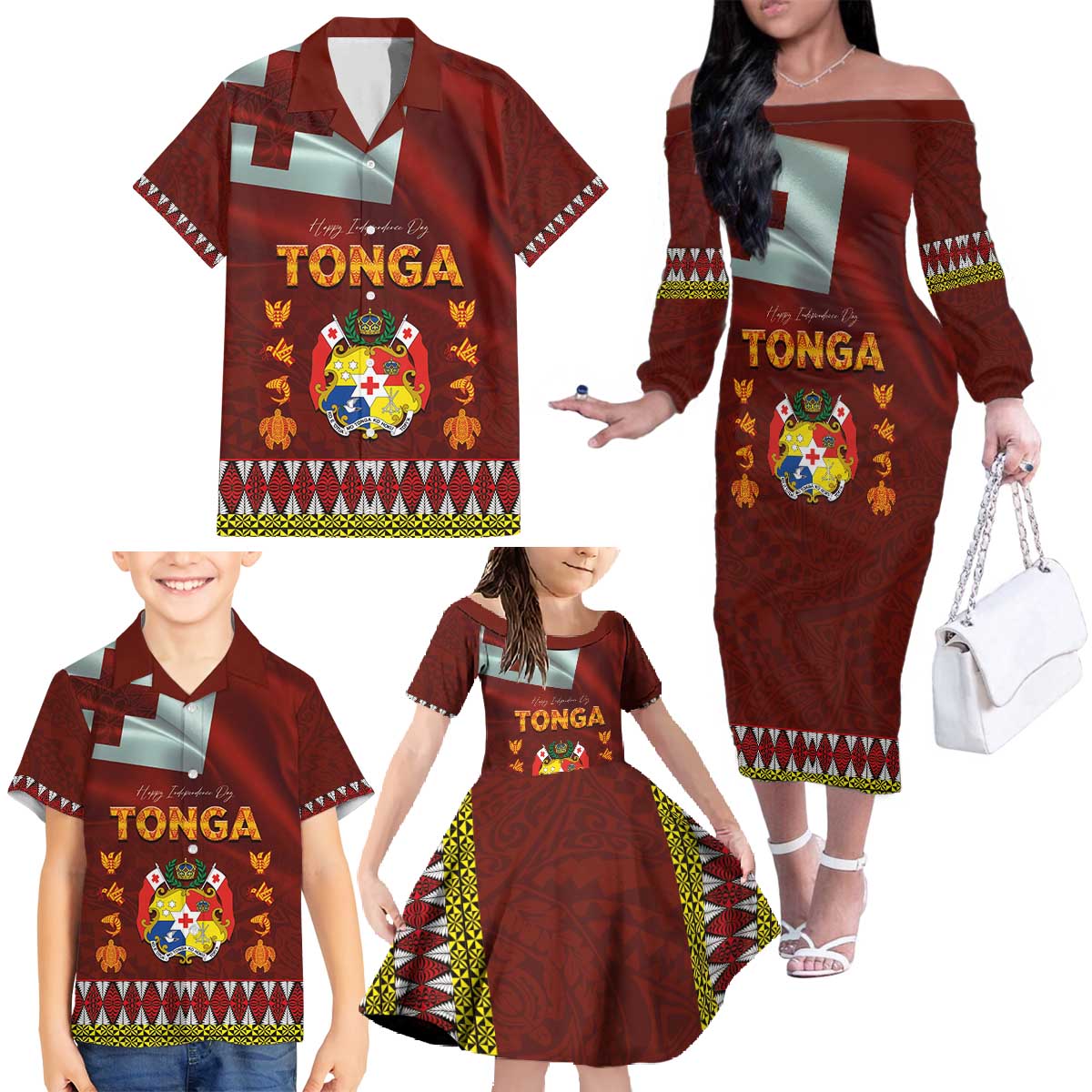 Tonga Independence Day Family Matching Off The Shoulder Long Sleeve Dress and Hawaiian Shirt National Flag and Emblem with Ngatu Art Pattern