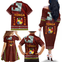 Tonga Independence Day Family Matching Off The Shoulder Long Sleeve Dress and Hawaiian Shirt National Flag and Emblem with Ngatu Art Pattern