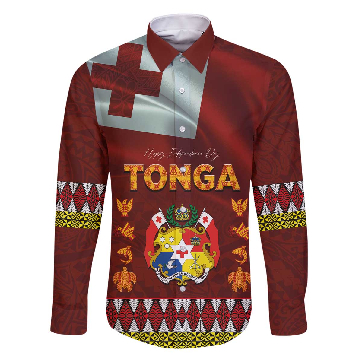 Tonga Independence Day Family Matching Off The Shoulder Long Sleeve Dress and Hawaiian Shirt National Flag and Emblem with Ngatu Art Pattern